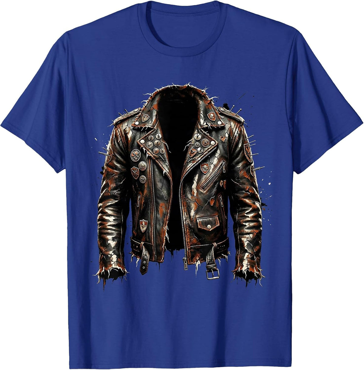 Grunge Torn Leather Jacket Pins and Badges Art T-Shirt - Royal Blue