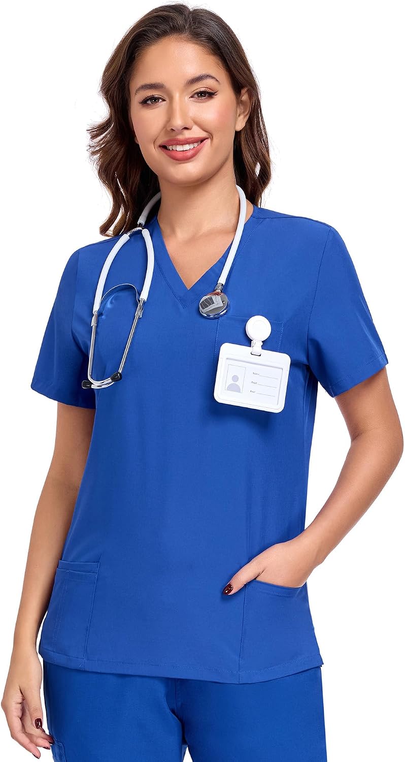 Scrub Tops for Women Soft Stretch – V Neck Medical Scrub Top with 3 Pockets, Nurse Uniform Shirt, Easy Care Work Scrubs -