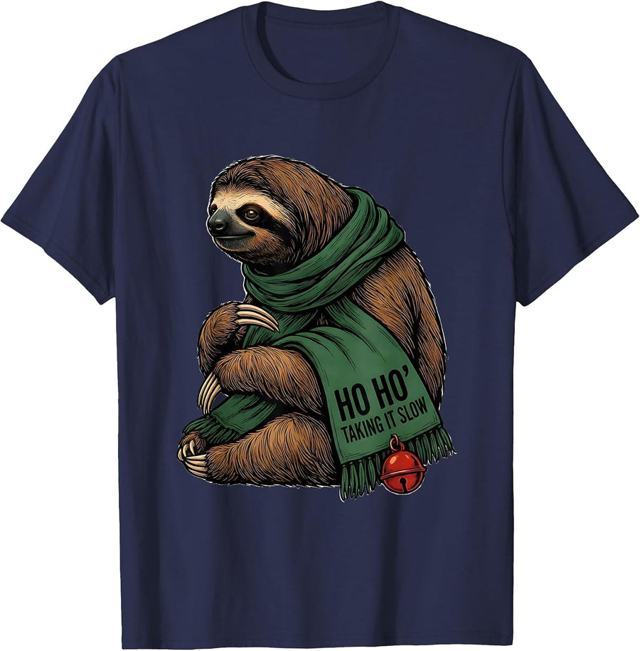 Ho Ho, Taking It Slow Funny Sloth Lover Ugly Christmas T-Shirt - Navy Blue