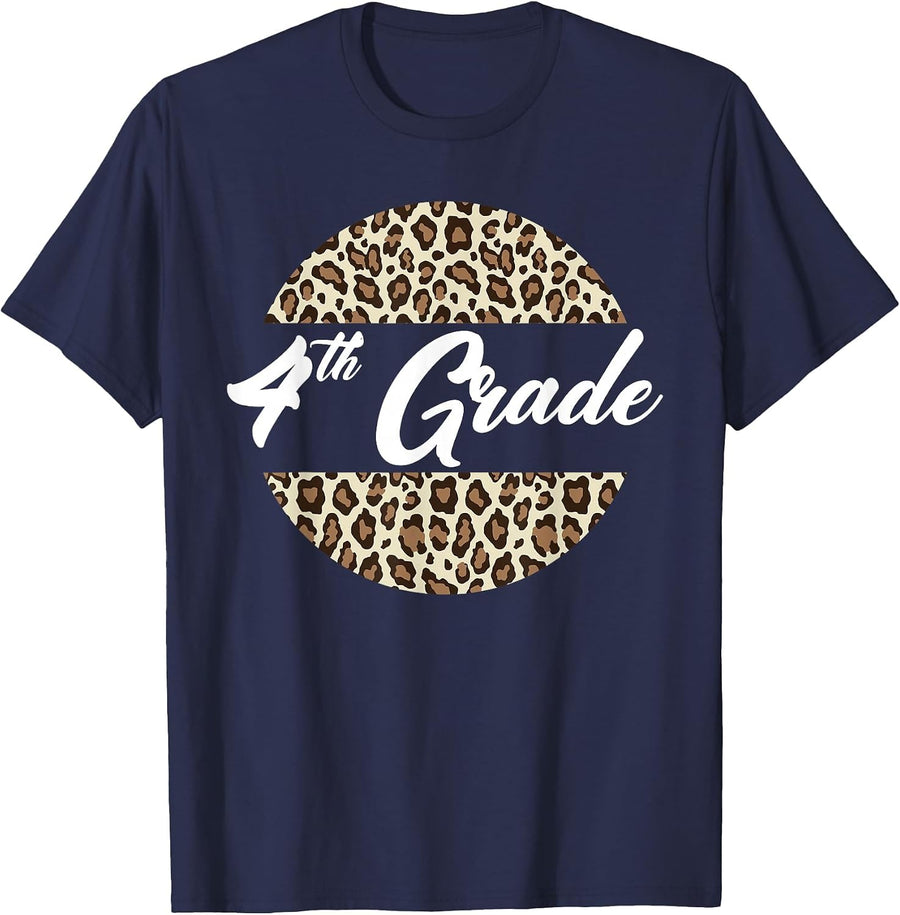 4th Grade Cheetah Print School Teacher Student Fourth Grade T-Shirt - Navy Blue