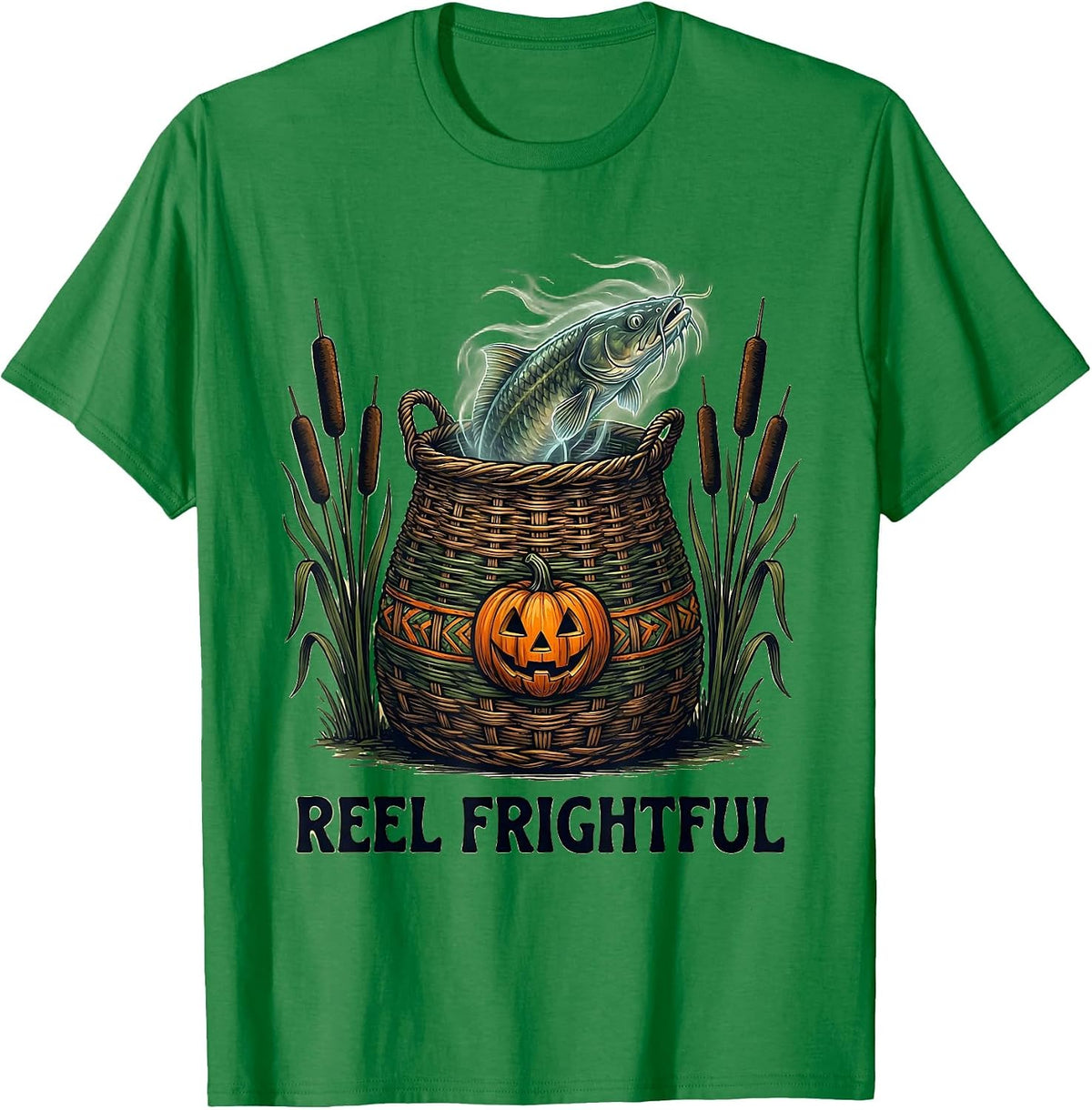 Men's Reel Frightful Folk Art Halloween Fishing Ghostly Catfish T-Shirt - Kelly Green