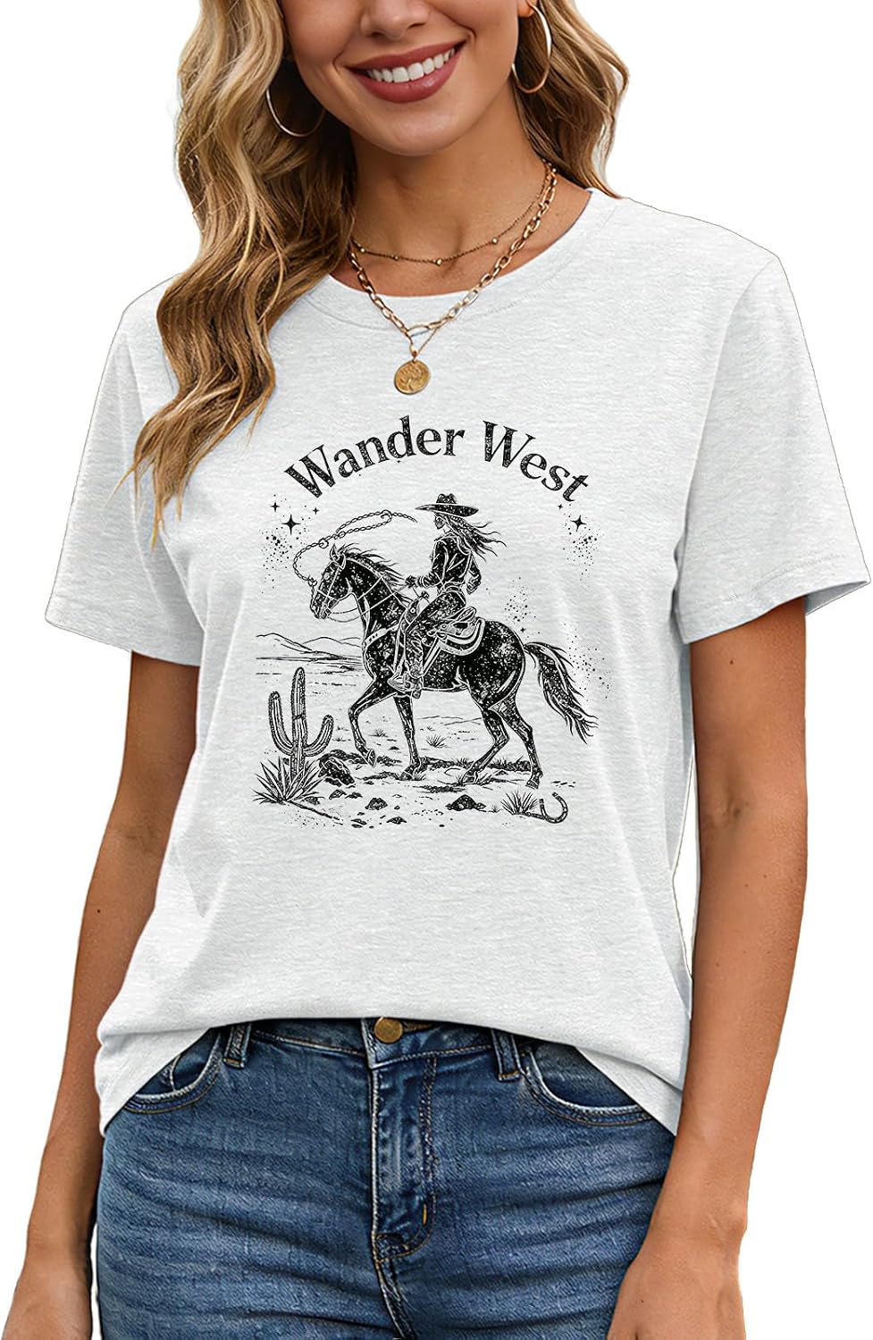 Wander West Womens Western Graphic Tee, Cowboy Desert Print Crew Neck - White