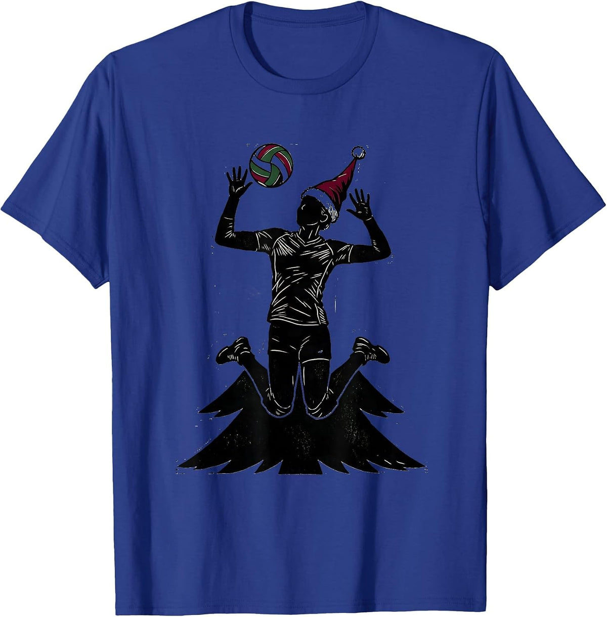 Leaping Volleyball Setter Santa Cap Ugly Christmas Sports T-Shirt - Royal Blue