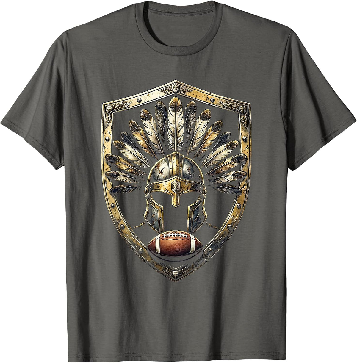 Warrior Helmet Rugby Ball Graphic Design T-Shirt - Asphalt Grey