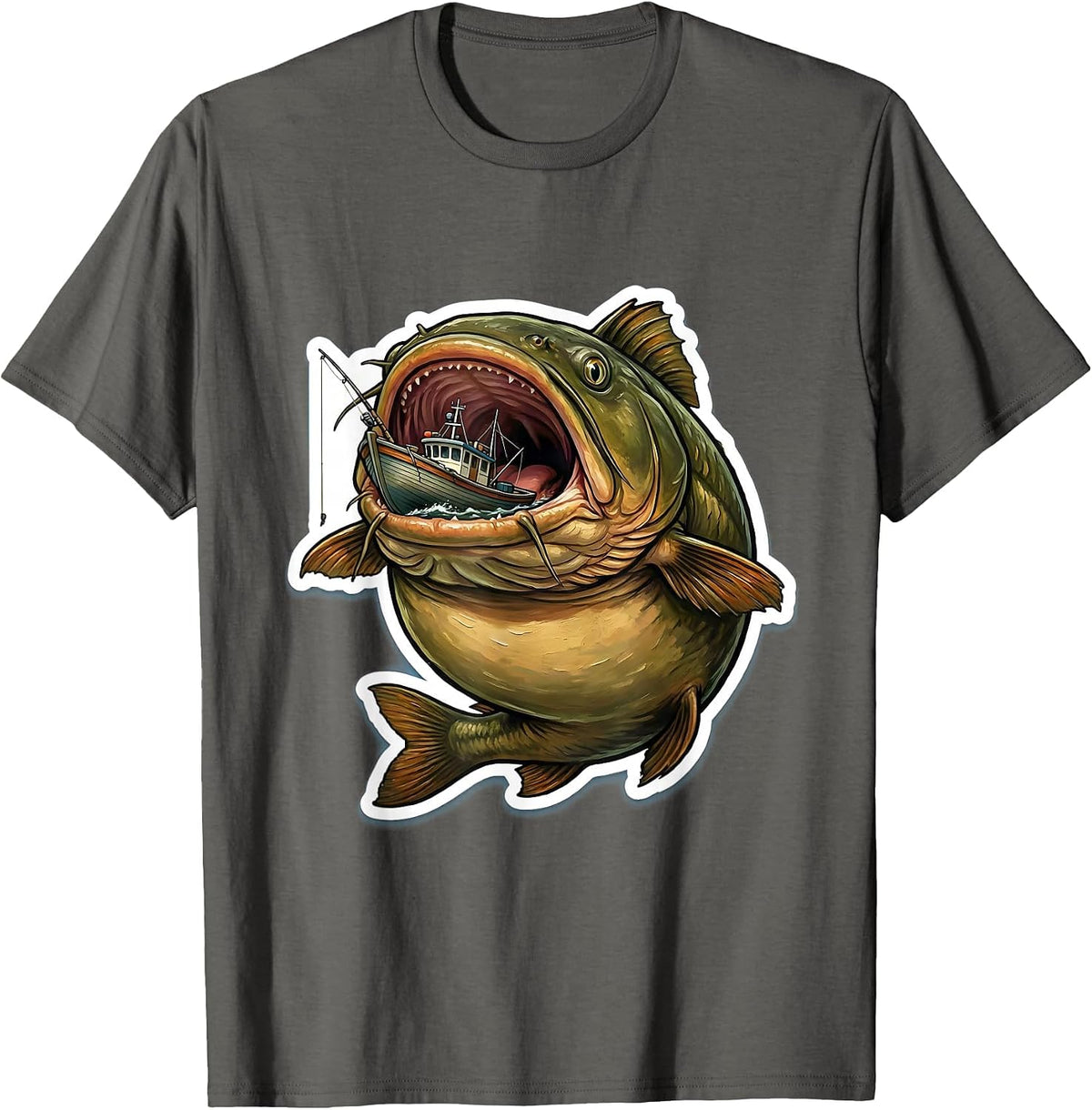 Giant Catfish Swallows Fishing Boat Funny Fishing T-Shirt - Asphalt Grey