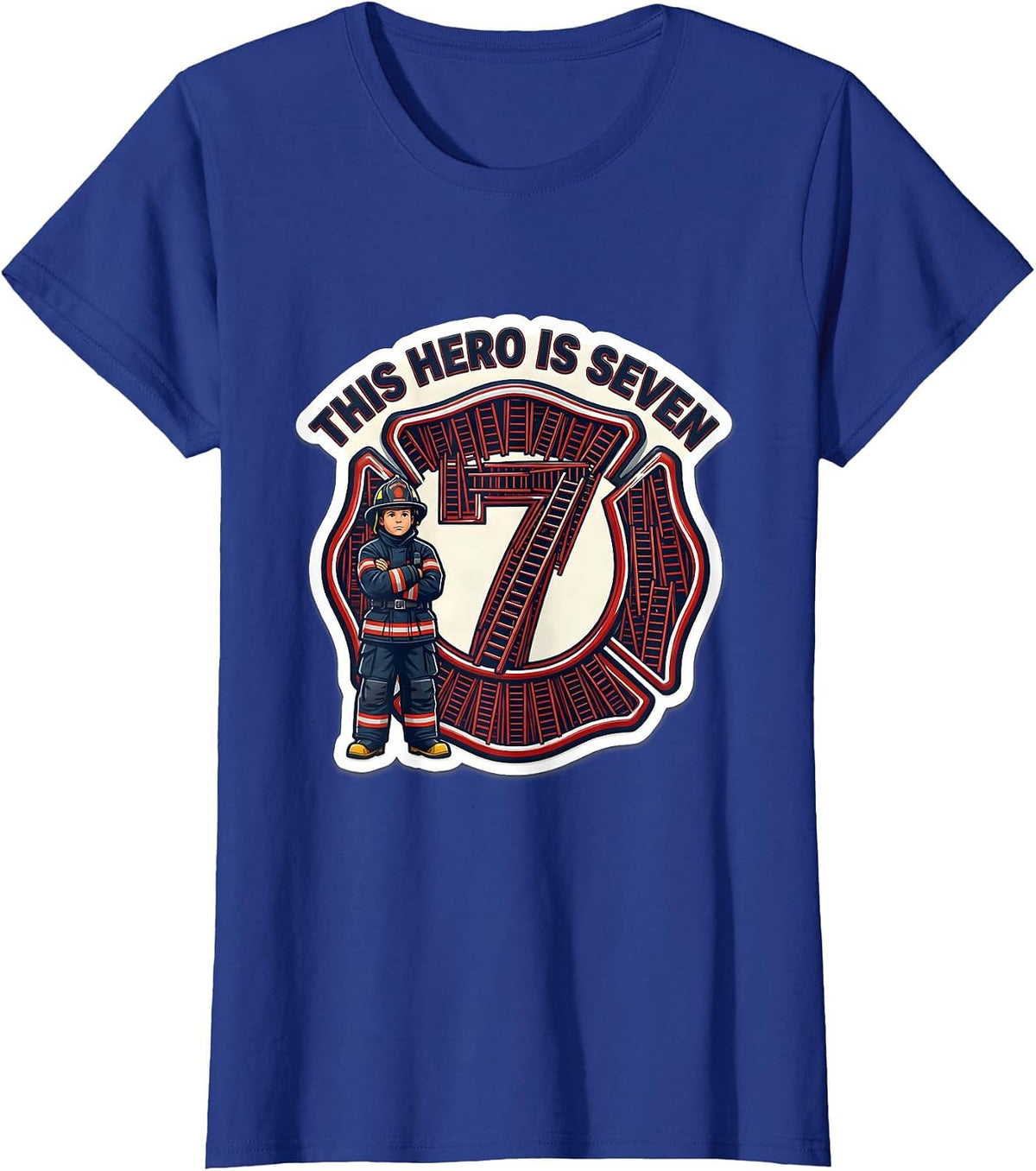 Women's This Hero Is Seven Cute Fire Truck Toddler Firefighter T-Shirt - Royal Blue