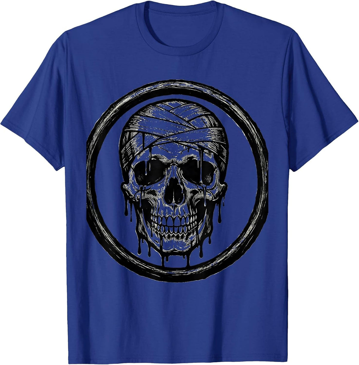 Smiling Skull Bandaged Dripping Wounds Graphic T-Shirt - Royal Blue