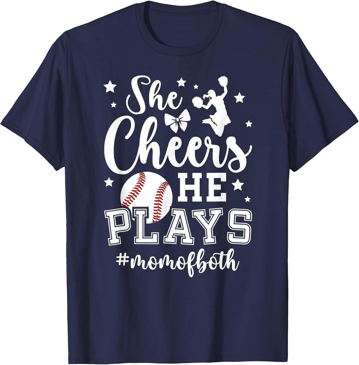 She Cheers He Plays Mom of Both Cheer and Baseball Mom T-Shirt - Navy Blue