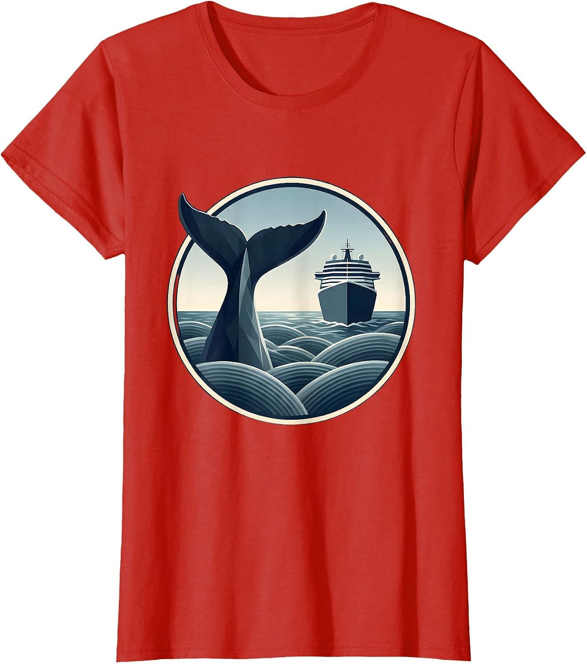 Whale Tail Breaching by Ship Hull Cruise Design T-Shirt - Red