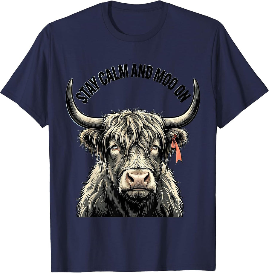 Stay Calm And Moo On Funny Highland Cow Farm Humor T-Shirt - Navy Blue