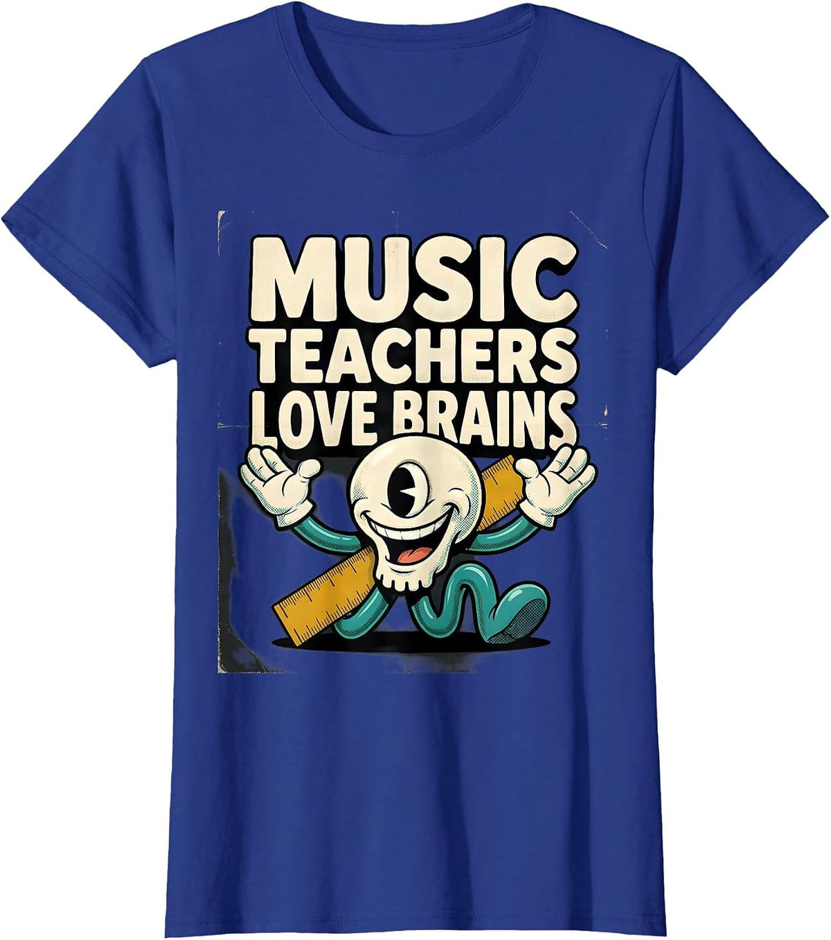 Women's Music Teachers Love Brains Retro Cartoon Teacher Halloween T-Shirt - Royal Blue