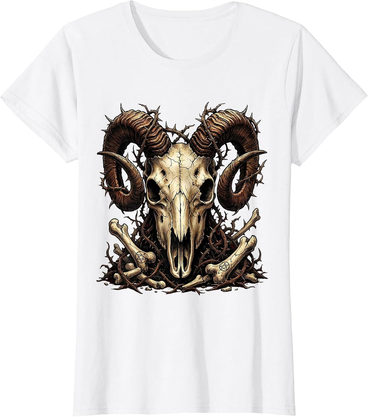 Demonic Goat Skull Twisted Horns Halloween Design T-Shirt - White