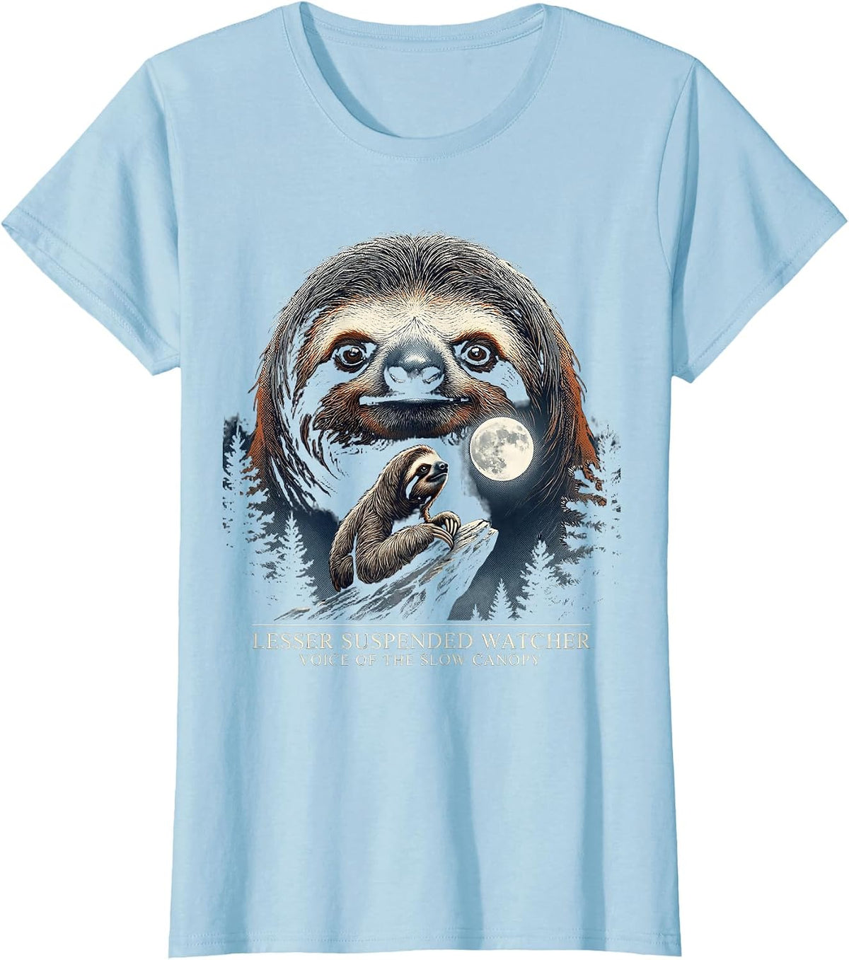 Lesser Suspended Watcher — Voice of the Slow Canopy Sloth T-Shirt - Baby Blue