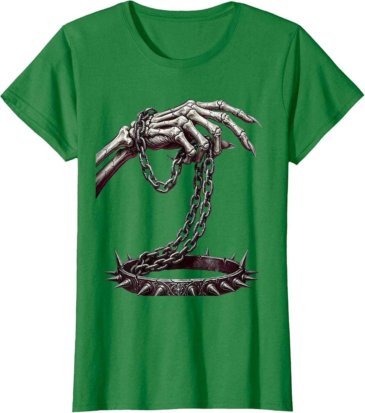 Skeletal Hand Chain Leash Punk Rock Graphic T-Shirt - Kelly Green
