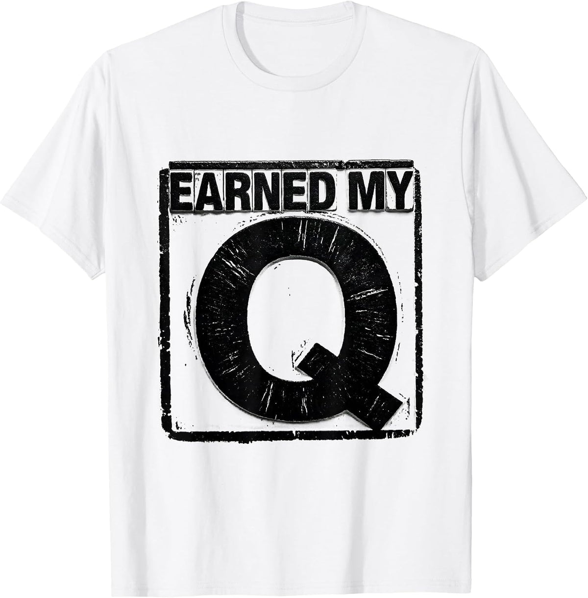 Men's Earned My Q Varsity Initial Monogram Alphabet Rubber Stamp T-Shirt - White