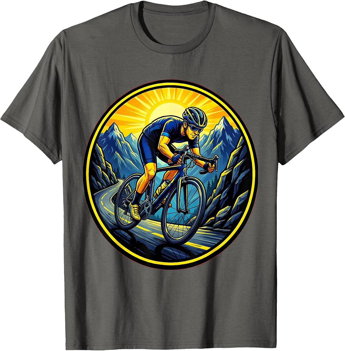 Lone Cyclist Climbing Mountain Road Graphic T-Shirt - Asphalt Grey