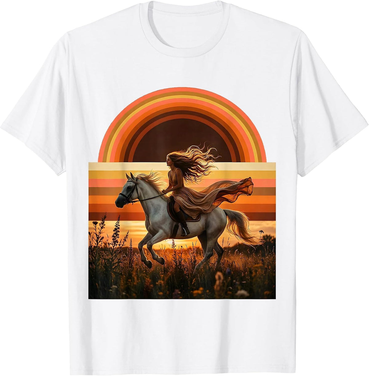 Men's Girl Riding Horse Through Wildflowers Graphic Tee T-Shirt - White