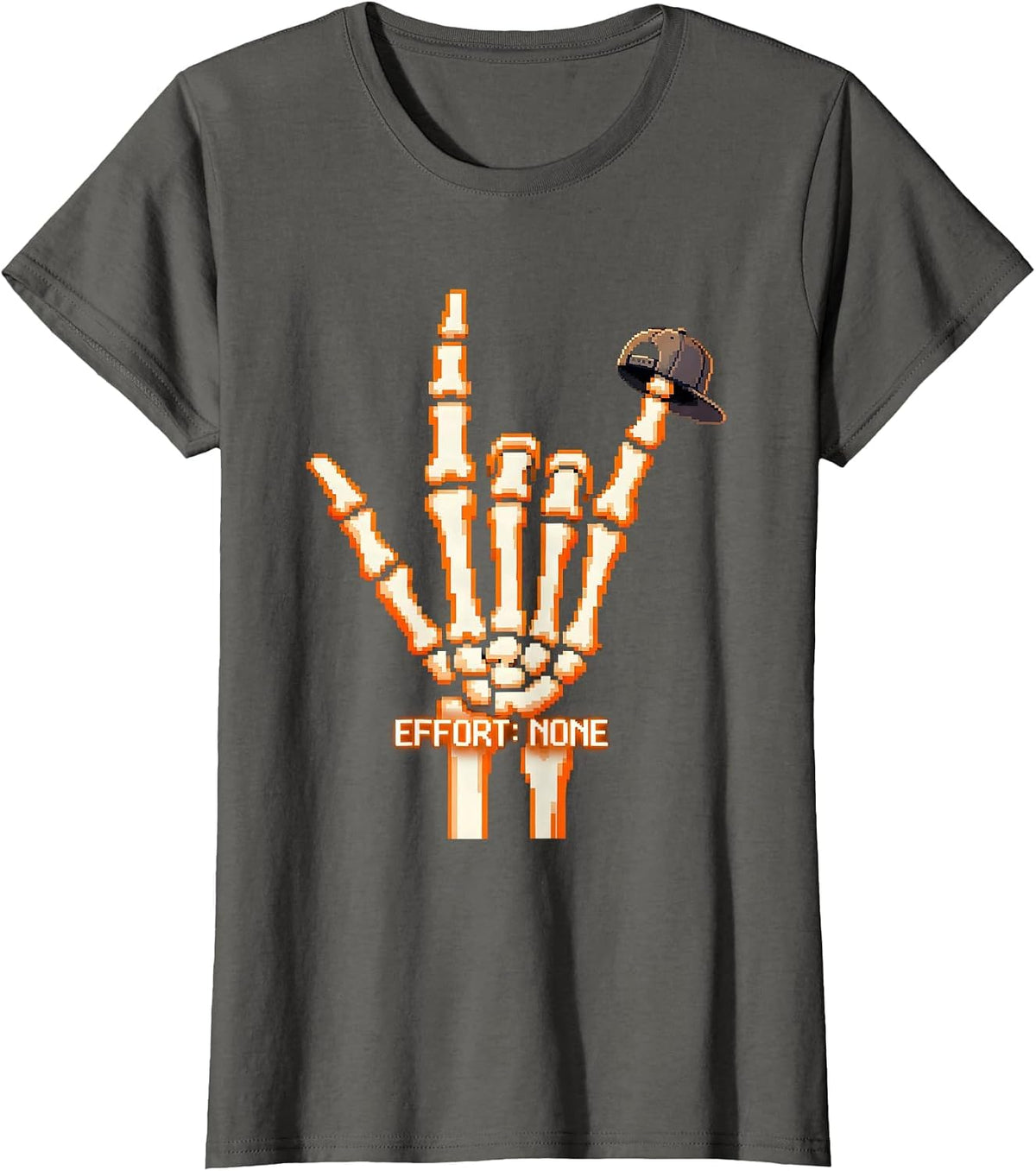 Women's Effort: None Pixel Art Skeleton Rock On Halloween Humor T-Shirt - Asphalt Grey