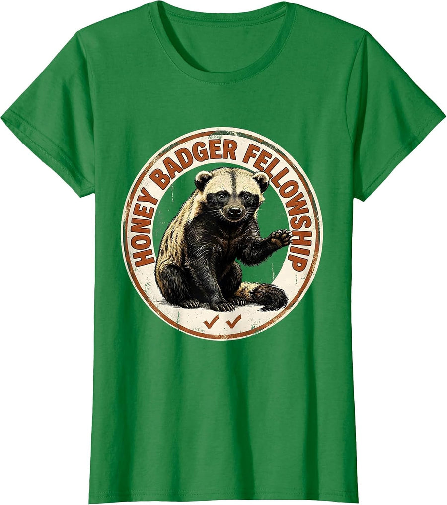 Women's Honey Badger Fellowship Vintage Funny Animal Lover Wildlife T-Shirt - Kelly Green