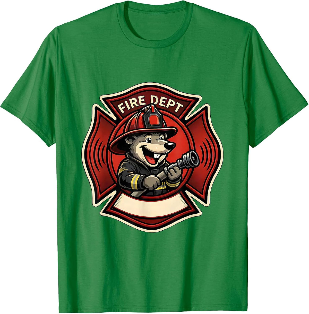 Men's Fire Dept Cheerful Mole Firefighter Mascot Logo Humor T-Shirt - Kelly Green