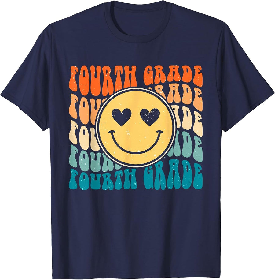 First Day of 4th Grade Smile Face Fourth Grade Teaches Kids T-Shirt - Navy Blue