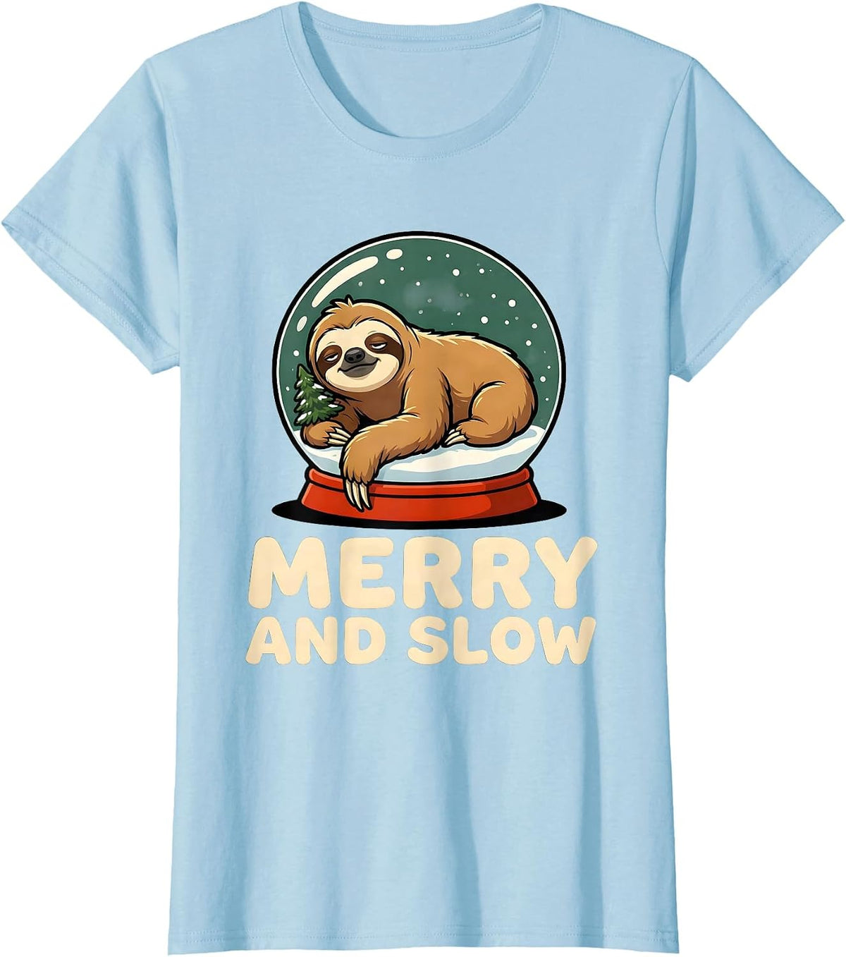 Women's Merry And Slow Cartoon Sloth Humor Ugly Christmas Sweater T-Shirt - Baby Blue