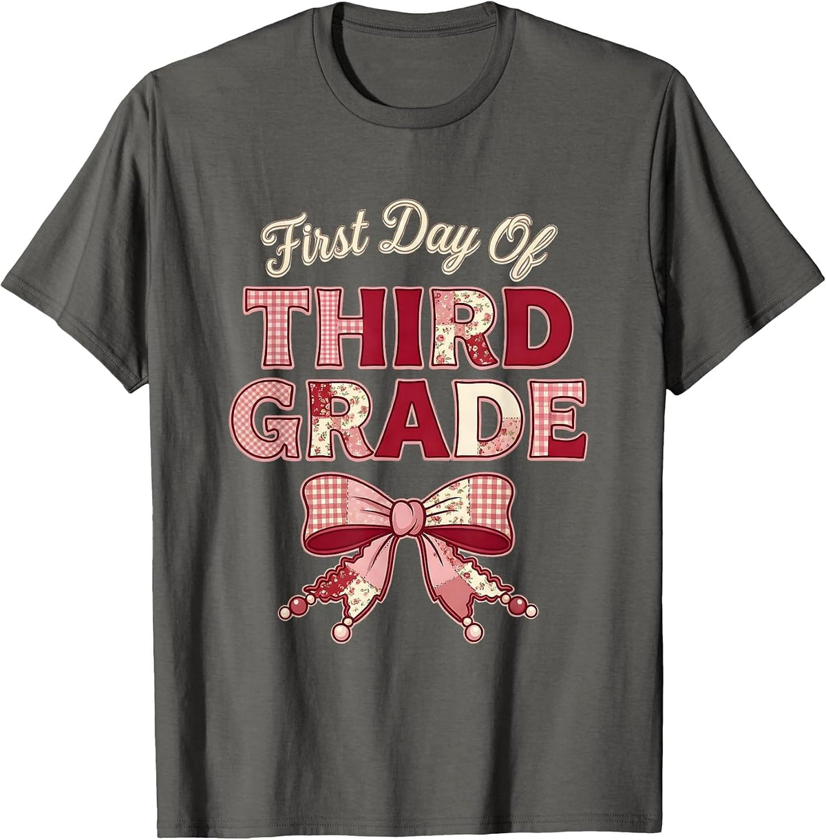 First Day Of Third Grade Coquette Floral Patchwork Back T-Shirt - Asphalt Grey