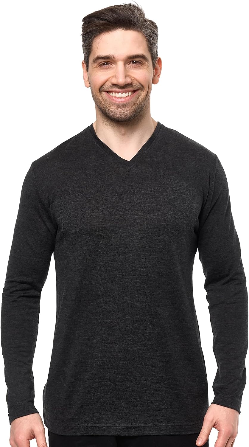 100% Merino Wool Shirts for Men - Thermal Shirt Underscrub Long Sleeve - 190 Charcoal Grey V
