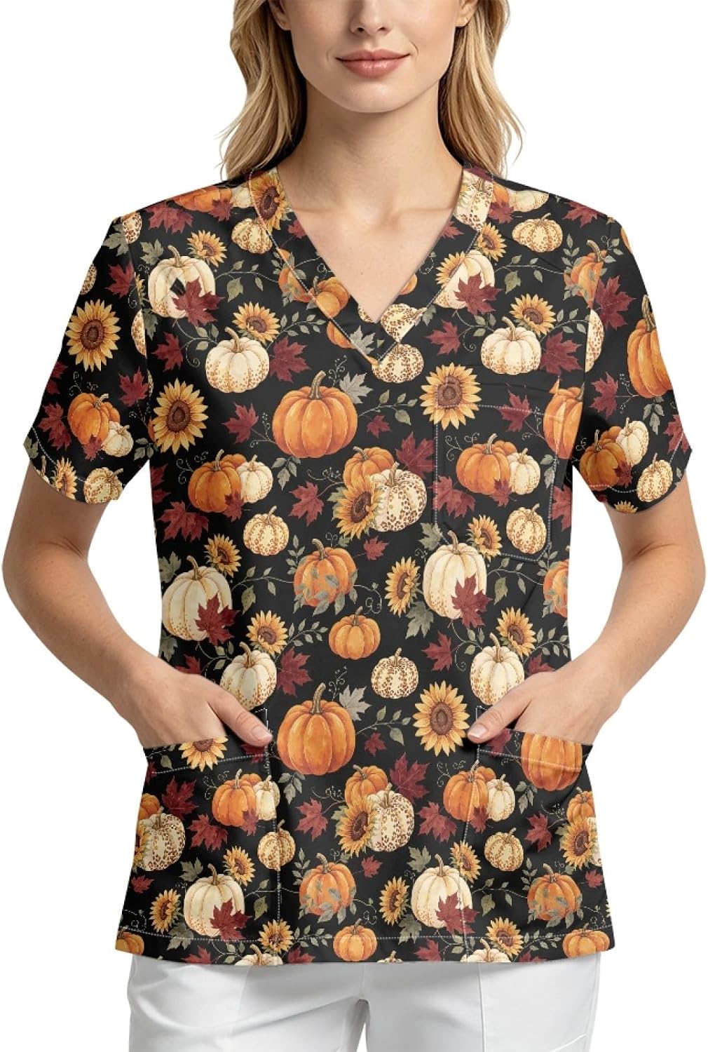 Medical Scrub Tops for Women V-Neck Scrub Tops with 4 Pockets - Pumpkin and Sunflower Print