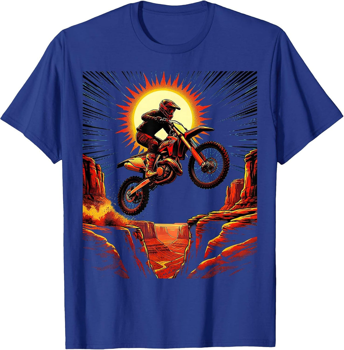 Dirt Bike Desert Canyon Gap Jump Illustration T-Shirt - Royal Blue