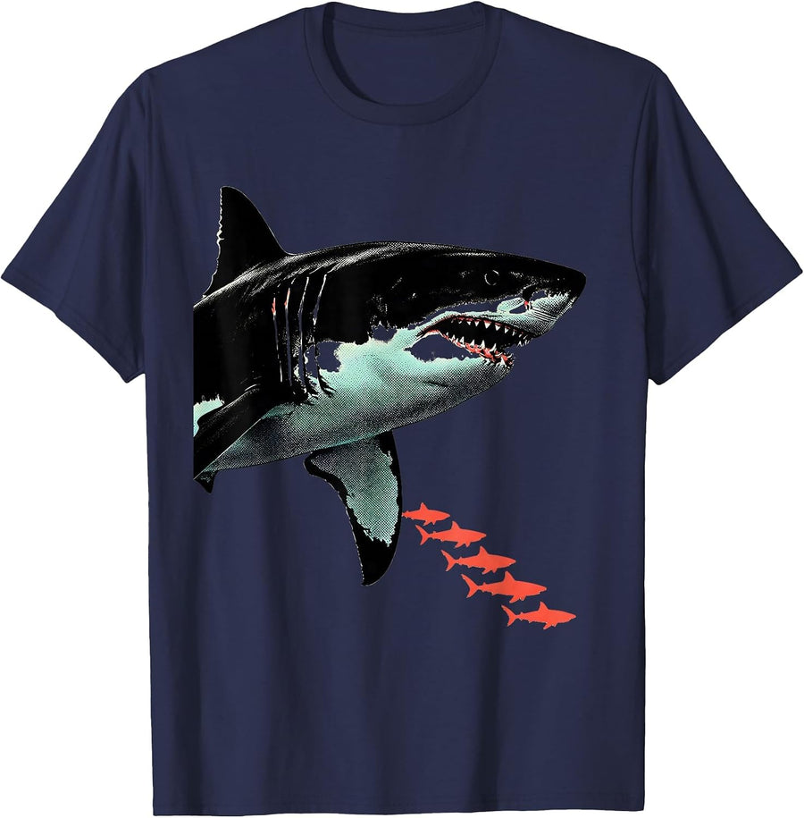 Shark Procession Cute Ocean Wildlife Marine Biology Humor T-Shirt - Navy Blue