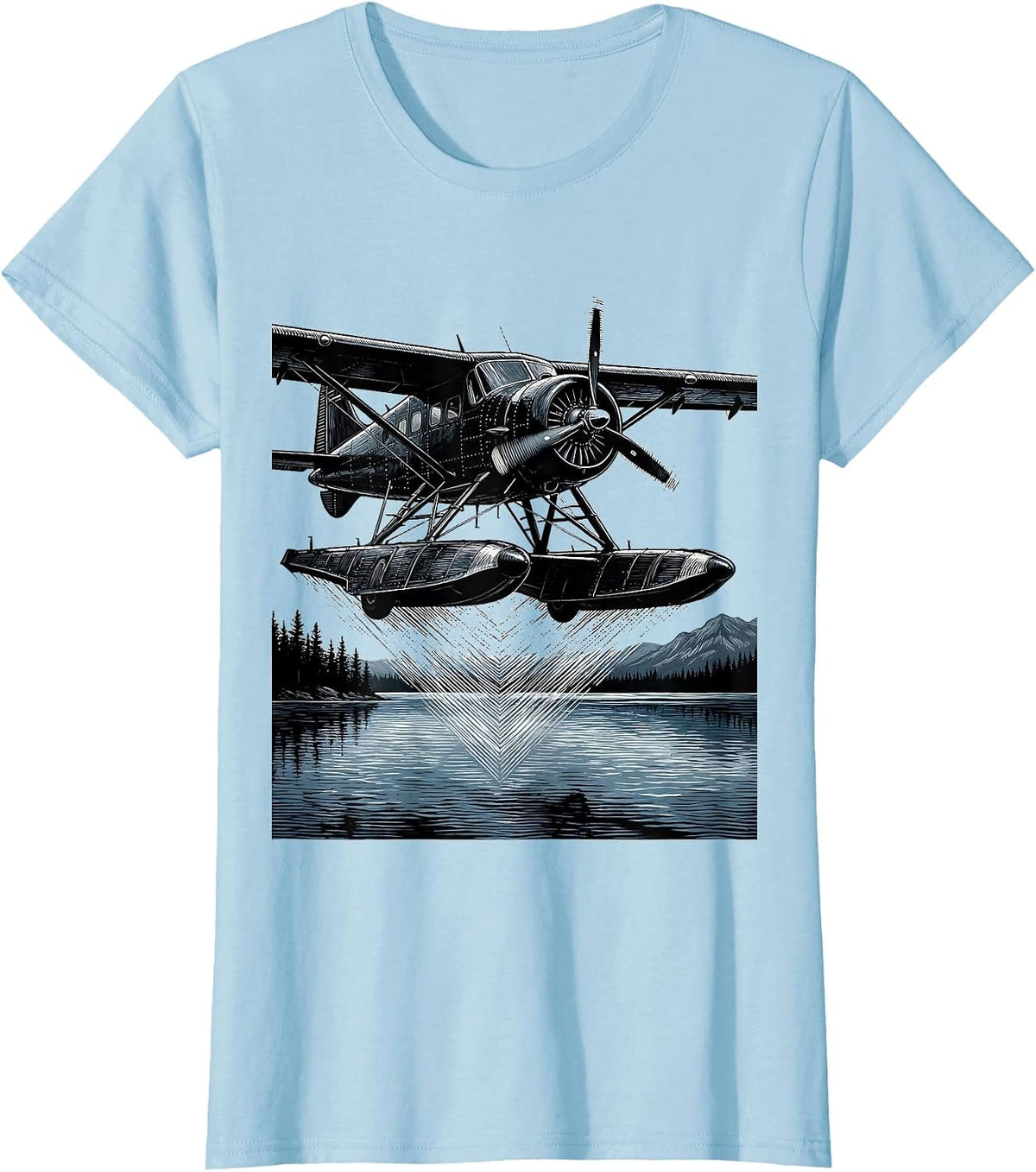 Alaska Float Plane Glassy Lake Landing Illustration T-Shirt - Baby Blue