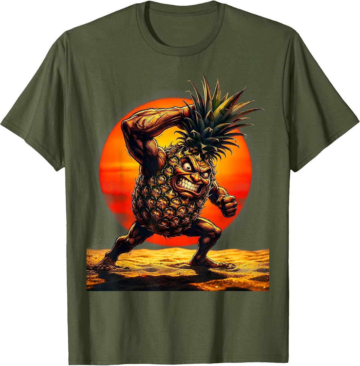 Men's Pineapple Beach Volleyball Sunset Graphic T-Shirt - Olive Green