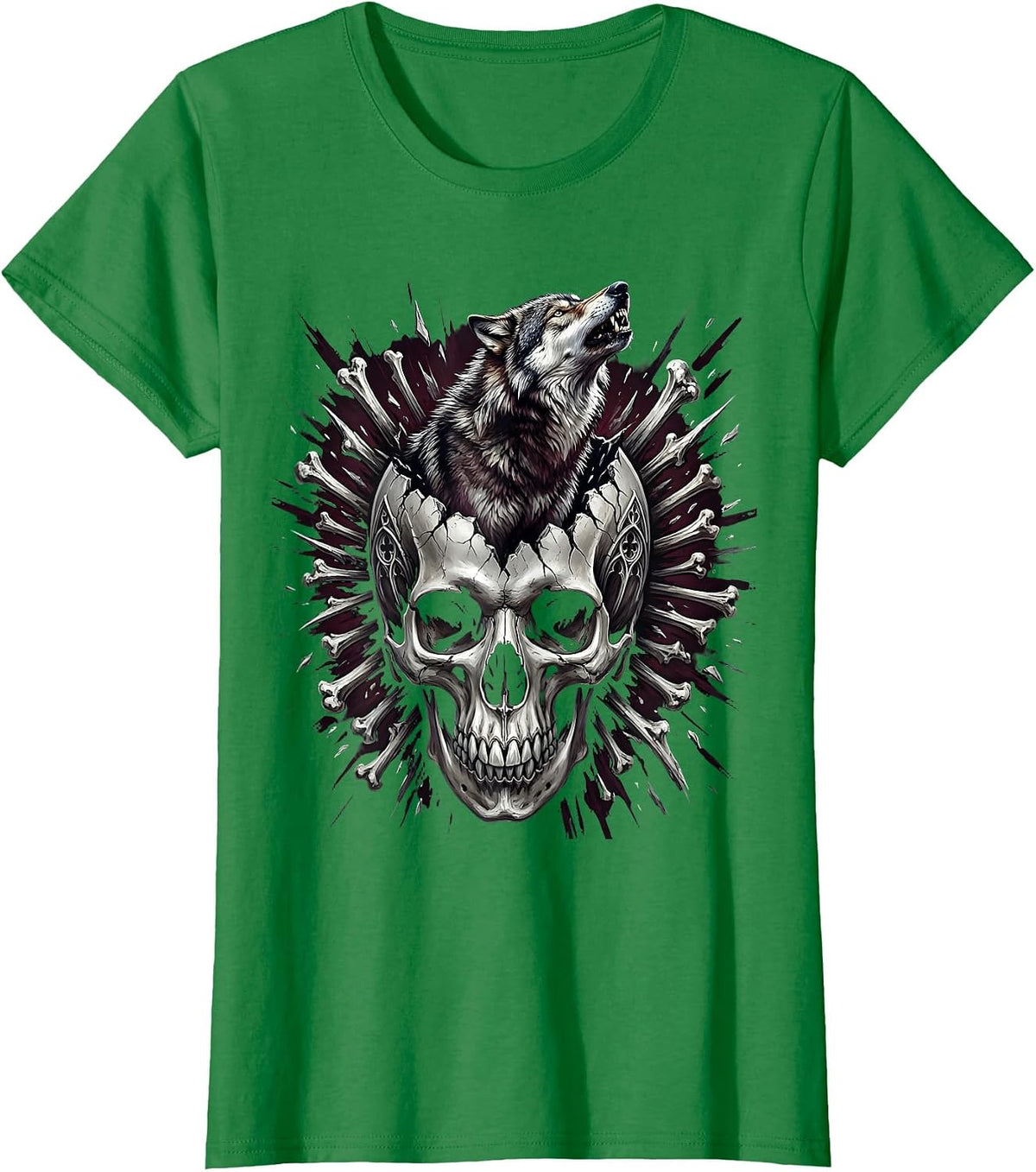 Wolf Howling Through Cracked Skull Goth Design T-Shirt - Kelly Green