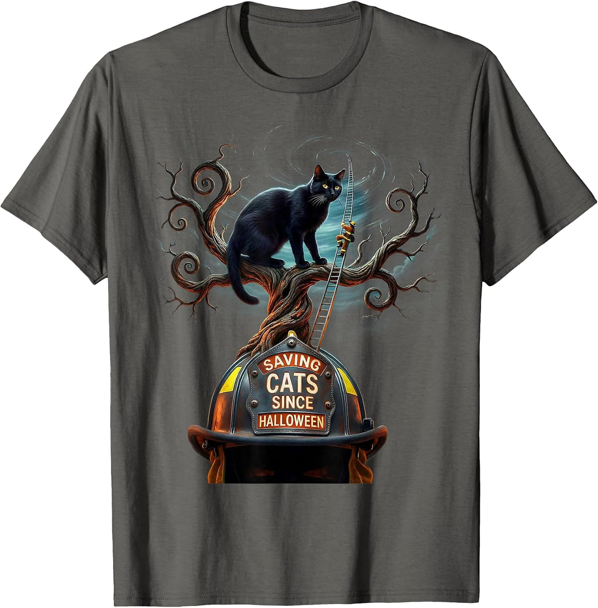Halloween Firefighter Rescue Cat Design T-Shirt - Asphalt Grey