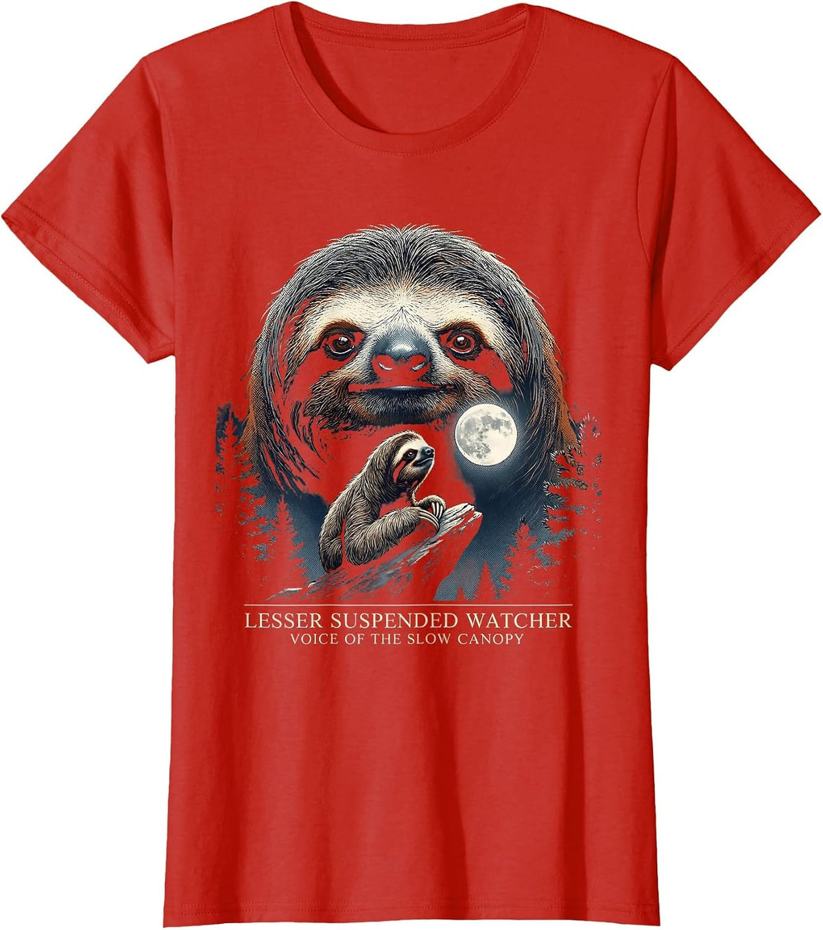 Lesser Suspended Watcher — Voice of the Slow Canopy Sloth T-Shirt - Red