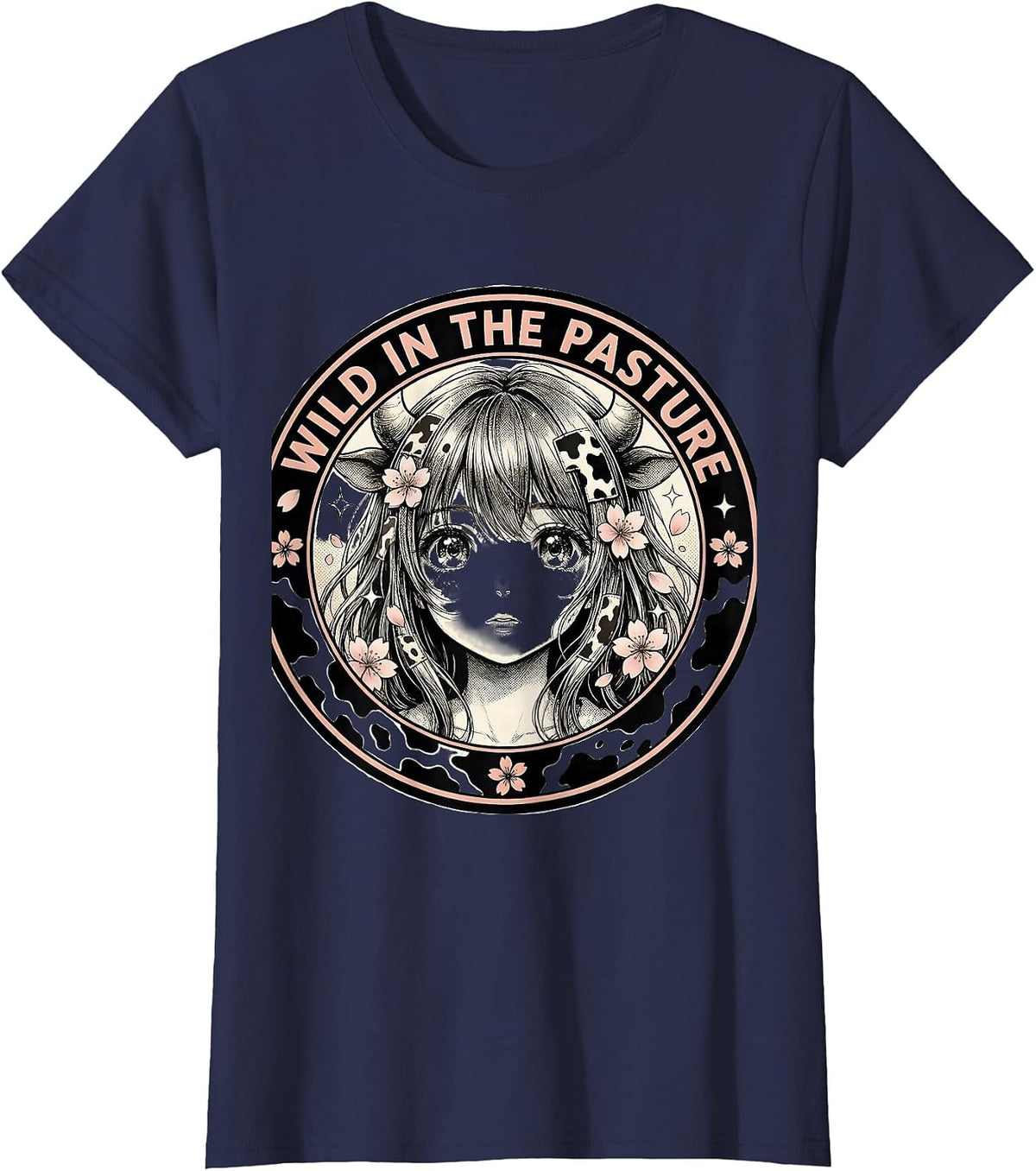 Women's Wild in the Pasture Cow Print Design T-Shirt - Navy Blue