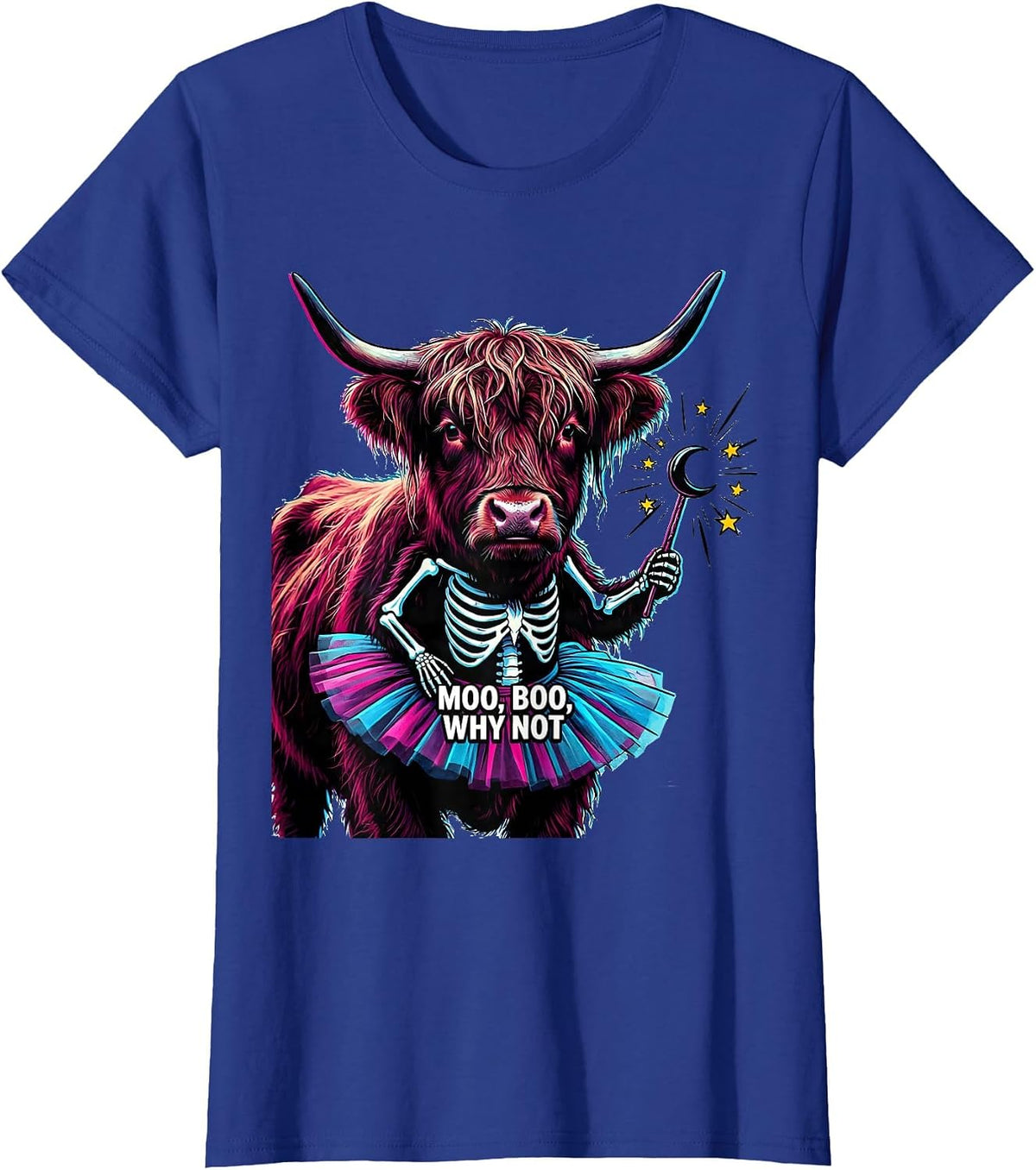 Women's Moo Boo Why Not Pop Art Highland Cow Halloween Costume Humor T-Shirt - Royal Blue