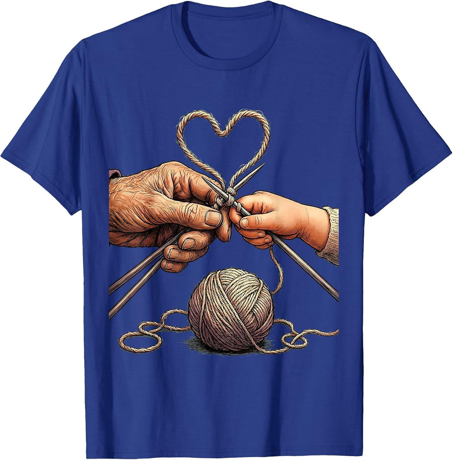 Grandma Teaching Child to Knit Illustration T-Shirt - Royal Blue