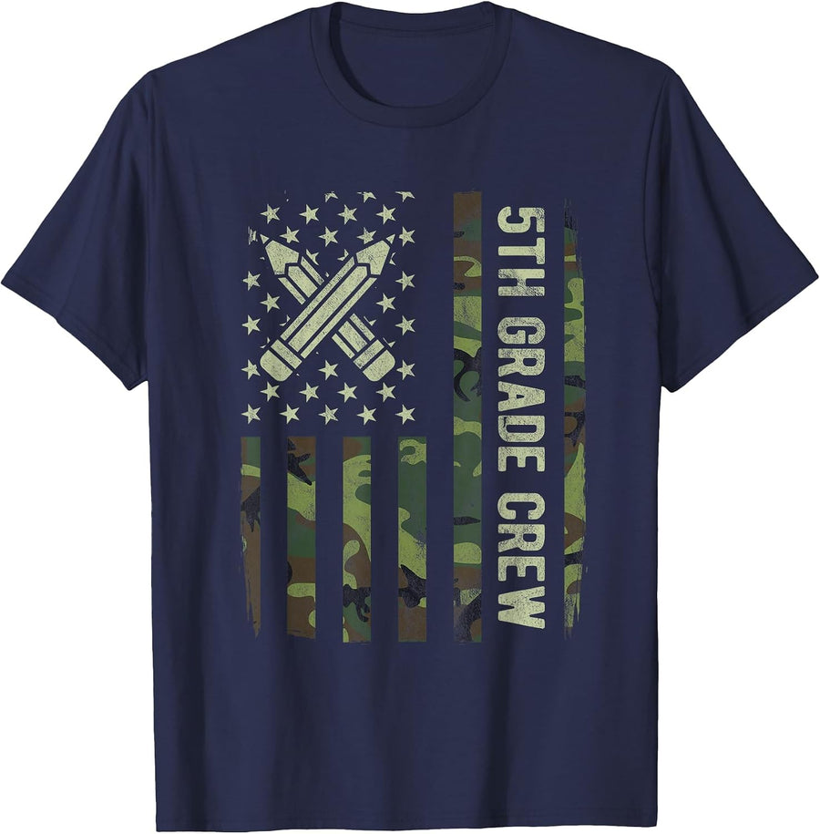 5th Grade Crew Camo American Flag Back to School Boys T-Shirt - Navy Blue