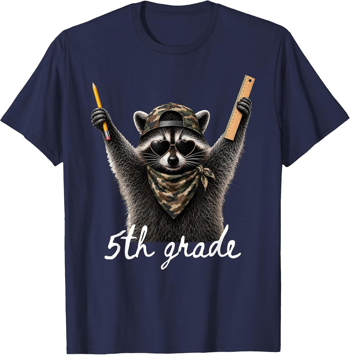 Fifth 5th Grade Raccoon Sunglasses First Day Back to School T-Shirt - Navy Blue