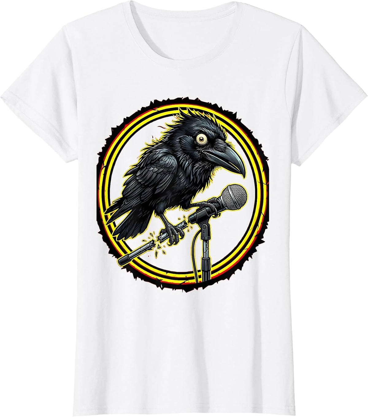 Crow on Broken Mic Stand Punk Rock Graphic T-Shirt - White