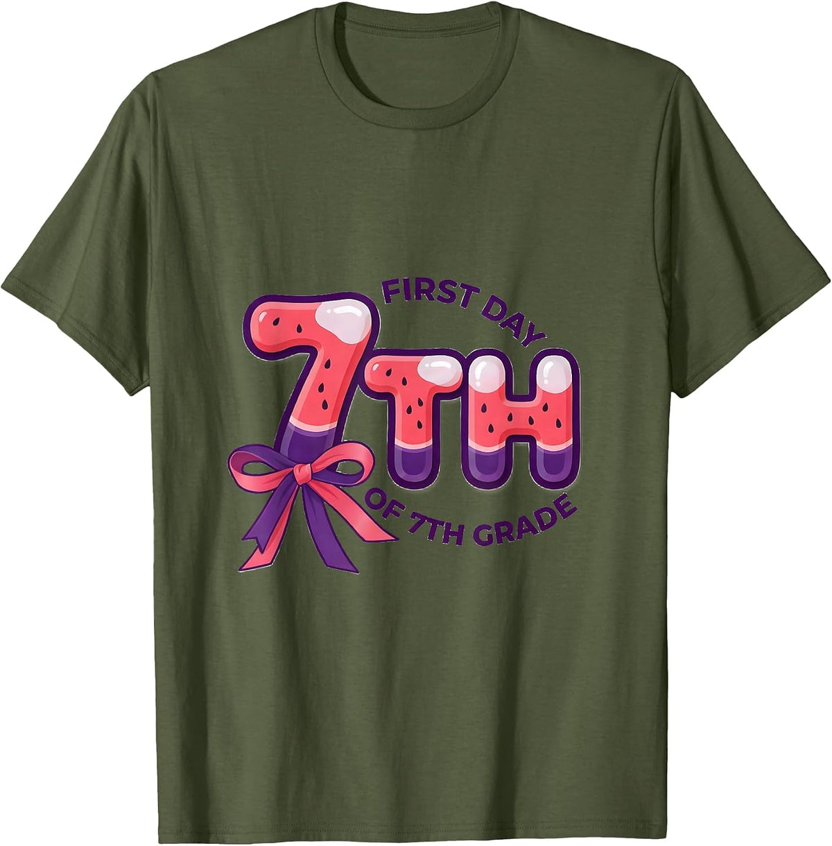 Men's First Day Of 7th Grade Coquette Bow Back To School T-Shirt - Olive Green