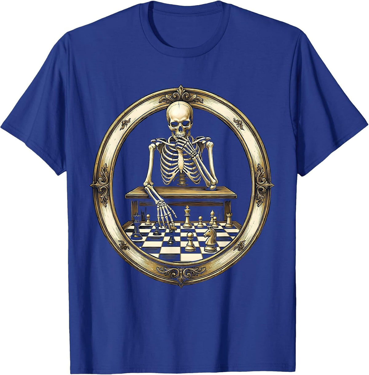 Skeleton Playing Chess Alone Illustration T-Shirt - Royal Blue