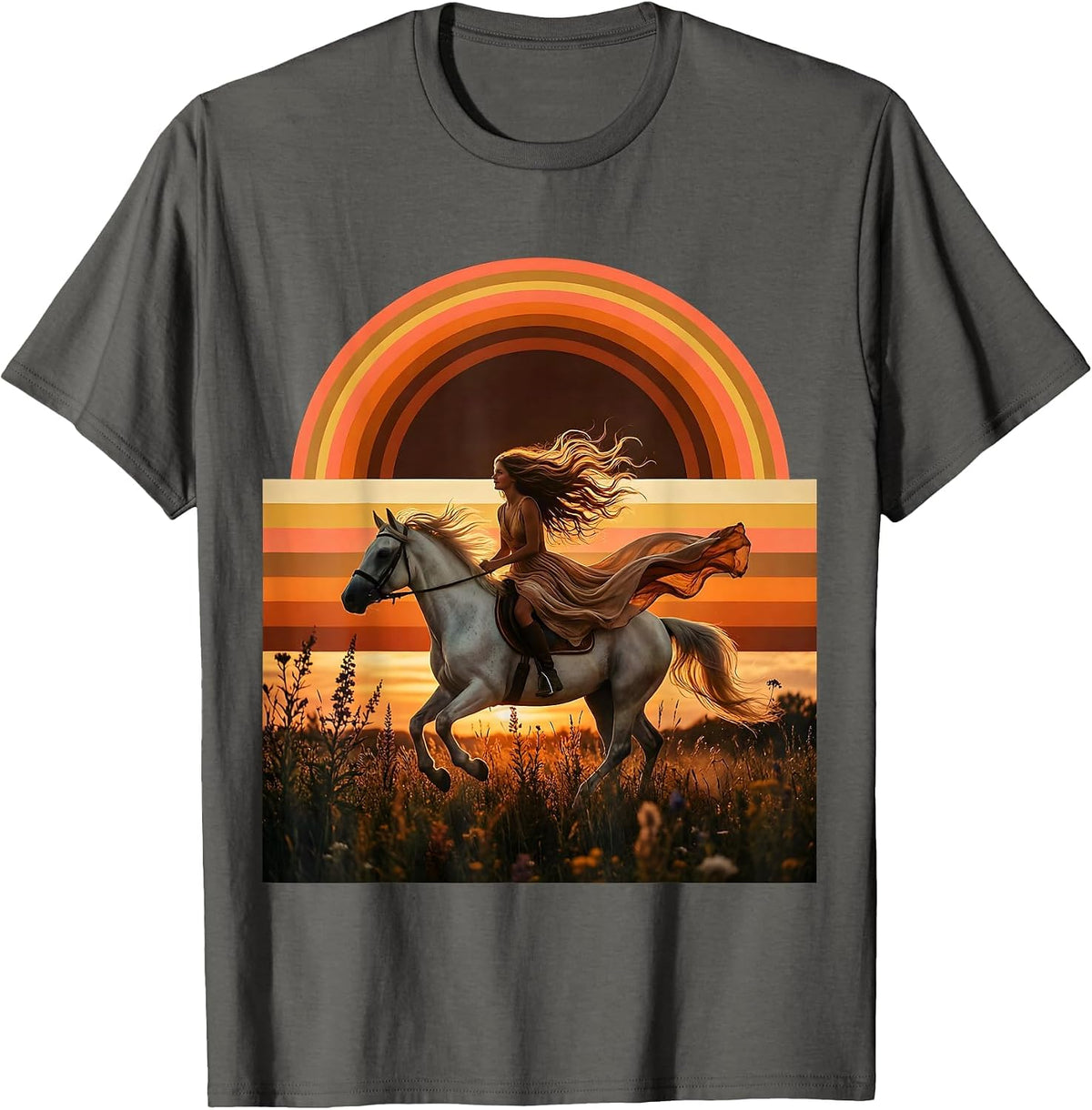 Men's Girl Riding Horse Through Wildflowers Graphic Tee T-Shirt - Asphalt Grey