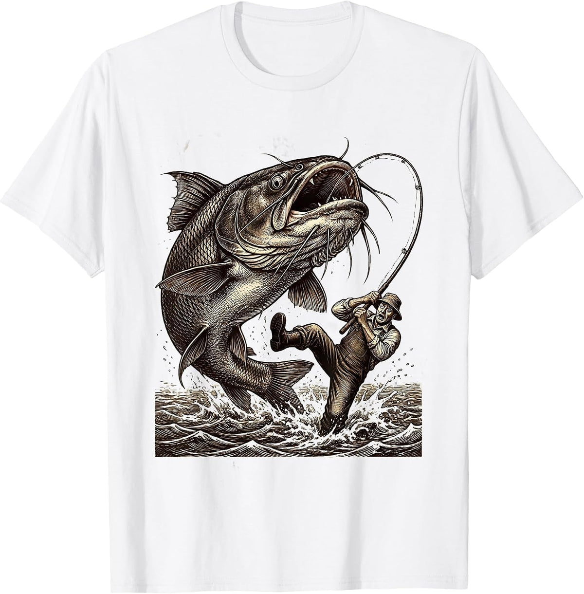 Men's Catfish Chaos Funny Fishing Graphic T-Shirt - White