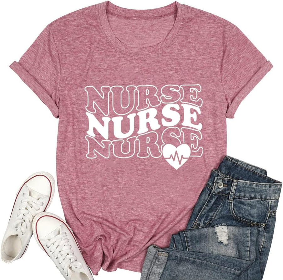 Women Nurse Heart Shirt Inspirational Letter Print School RN Nurse Life Tshirts Short Sleeve Casual Tee Tops - Pink