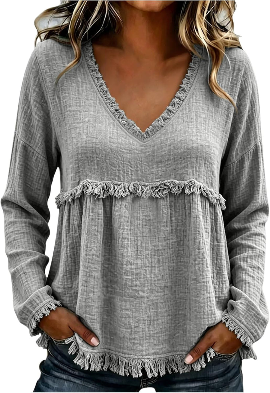 Boho Tops for Women Cotton Linen Long Sleeve Western Shirts Tshirts - #1-gray