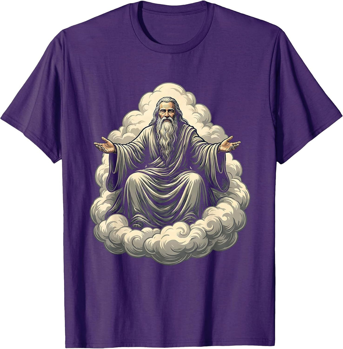 Men's Bearded Elder on Clouds Celestial Art Design T-Shirt - Purple