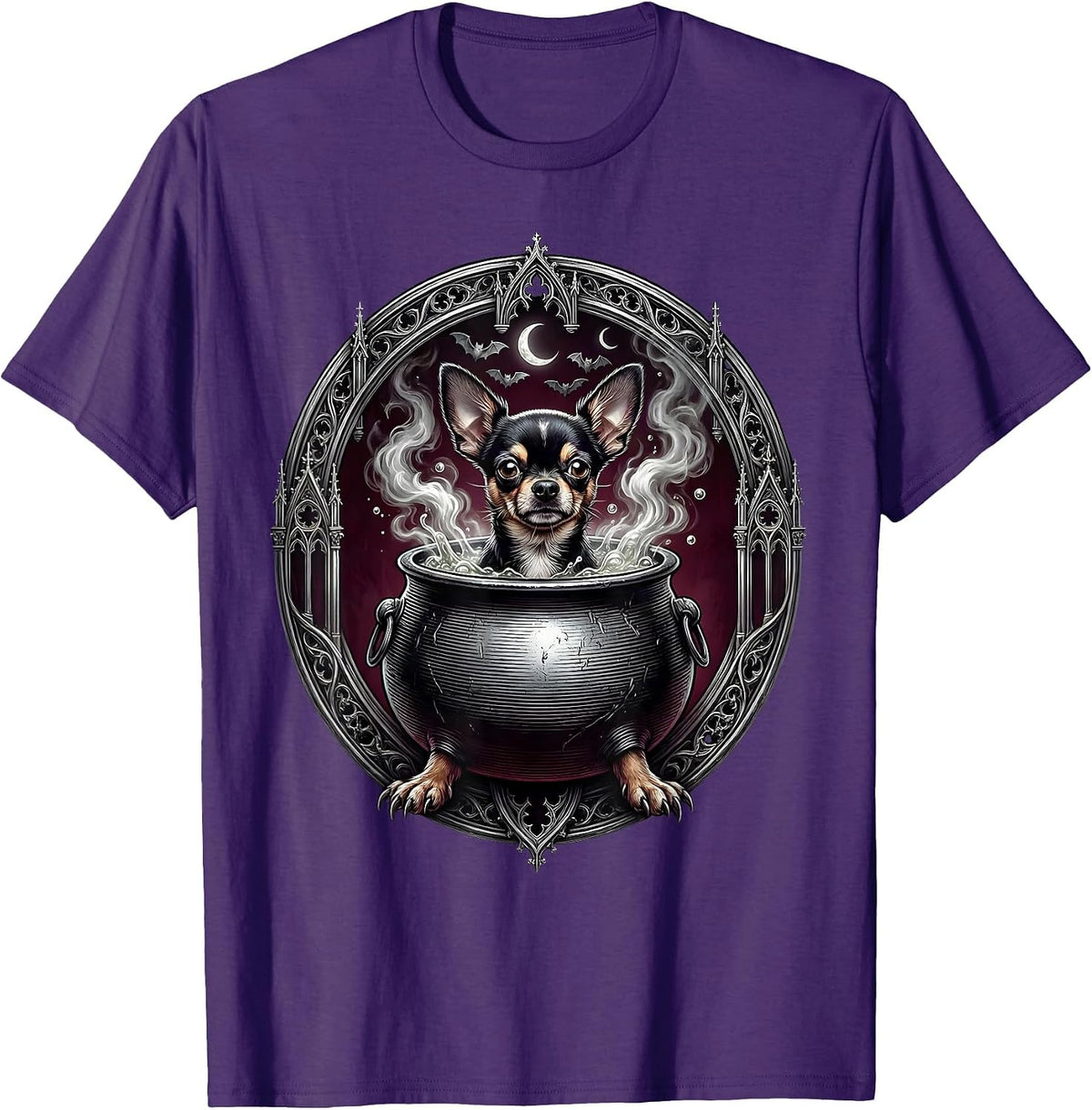 Men's Halloween Chihuahua Witch Cauldron Funny Dog Design T-Shirt - Purple